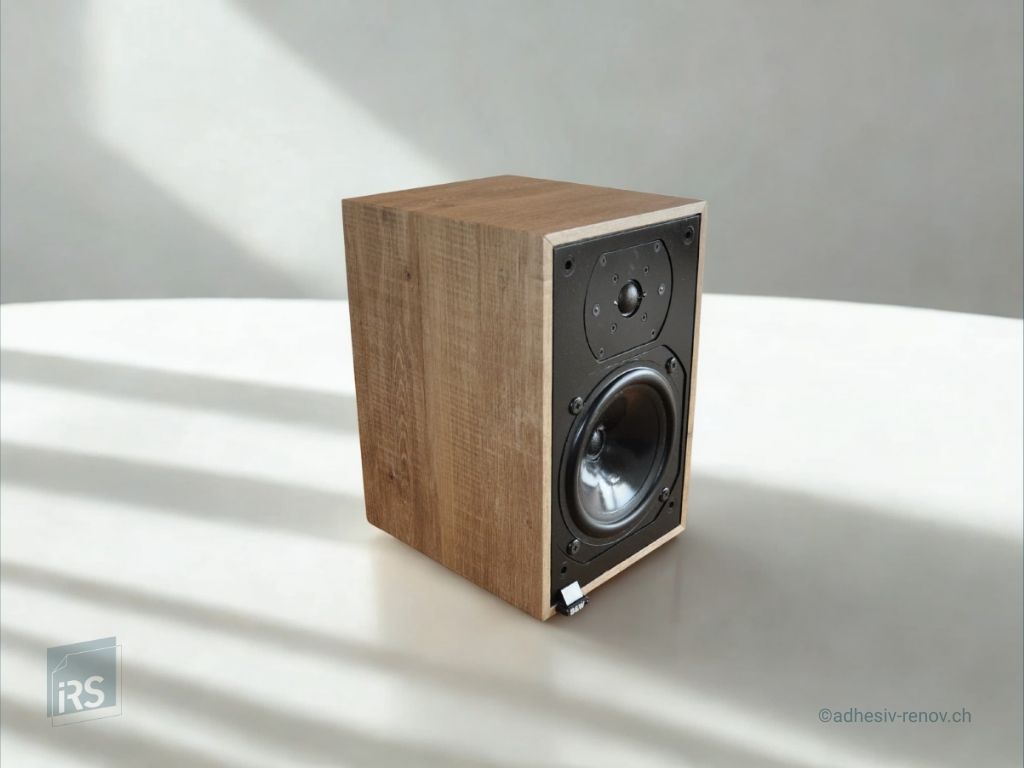 Enceinte recouverte d’un film adhésif effet bois pour rénovation décorative