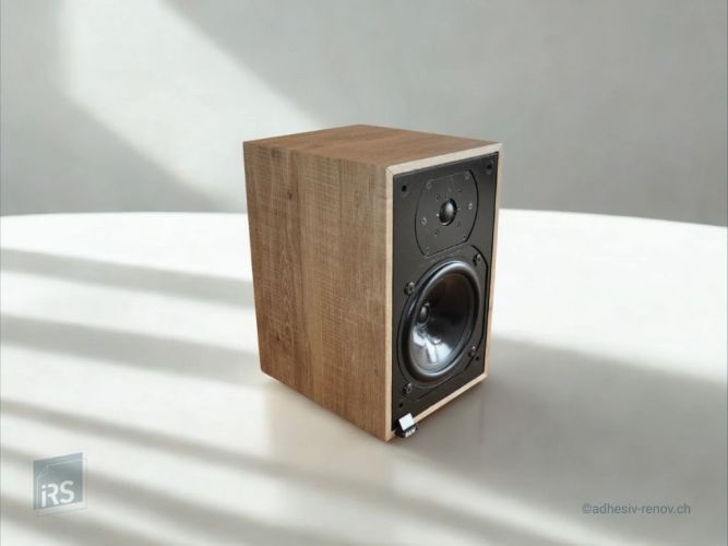 Enceinte recouverte d’un film adhésif effet bois pour rénovation décorative